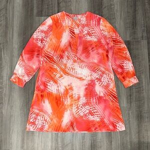 Chico's V Neck Tie Dye Roll Tab Side Pocket Long Sleeve Dress - 2 (Large/12)